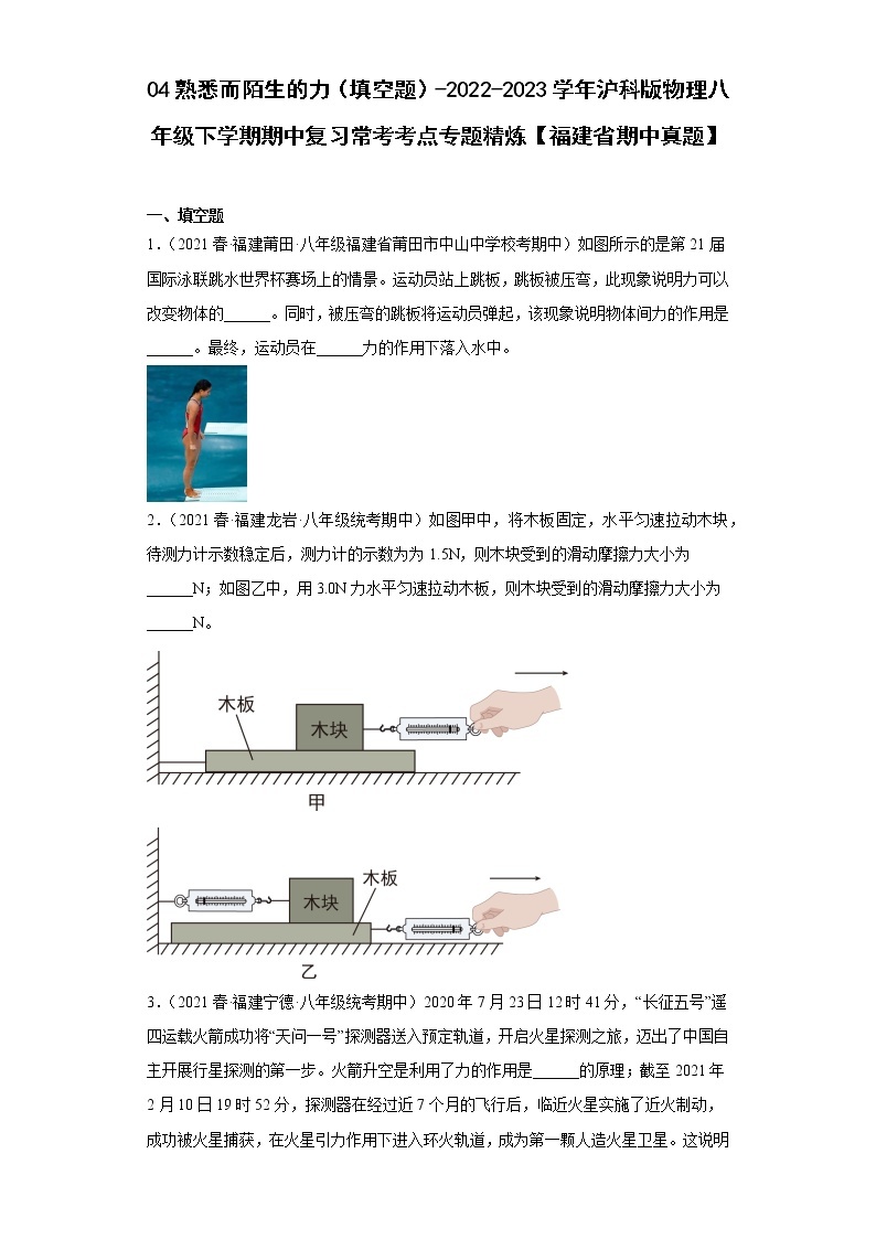 04熟悉而陌生的力（填空题）-2022-2023学年沪科版物理八年级下学期期中复习常考考点专题精炼【福建省期中真题】01