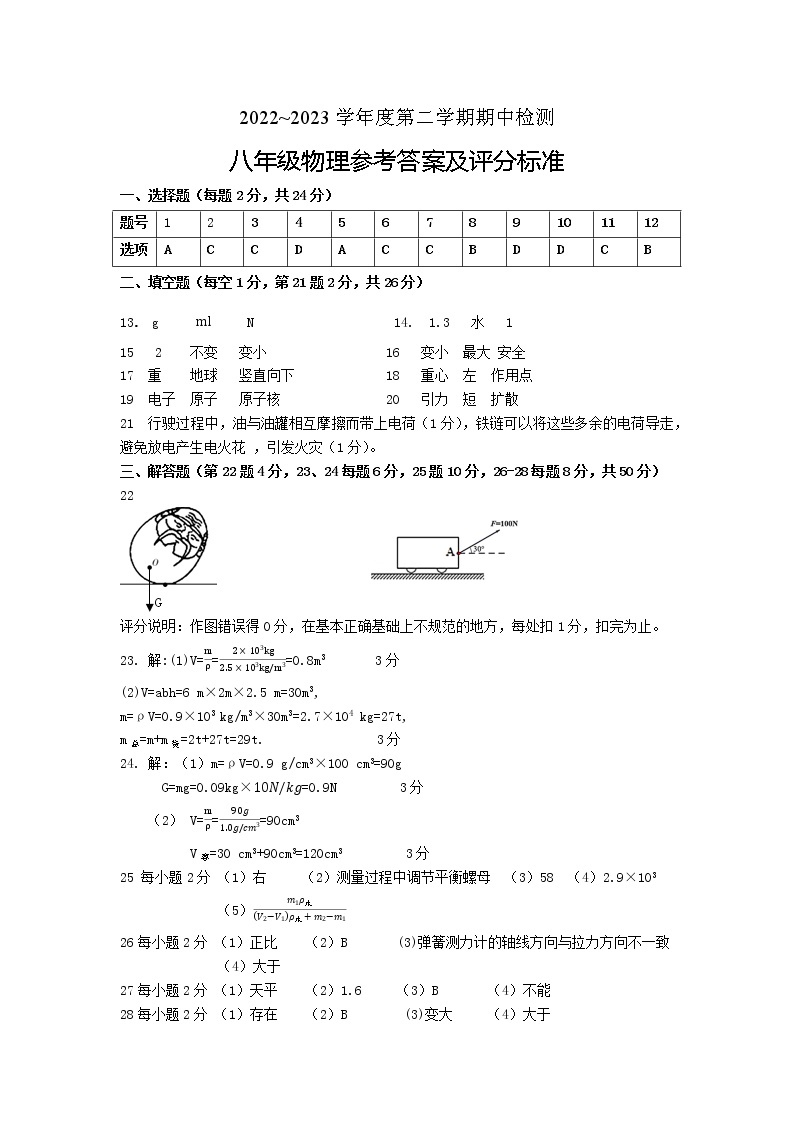 江苏省徐州市2022-2023学年度第二学期期中检测八年级物理试卷与答案01