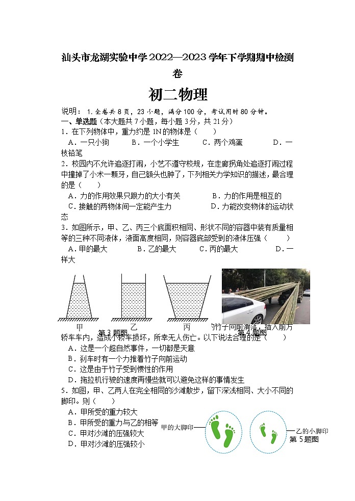 广东省汕头市龙湖实验中学2022-2023学年八年级下学期4月期中物理试题01