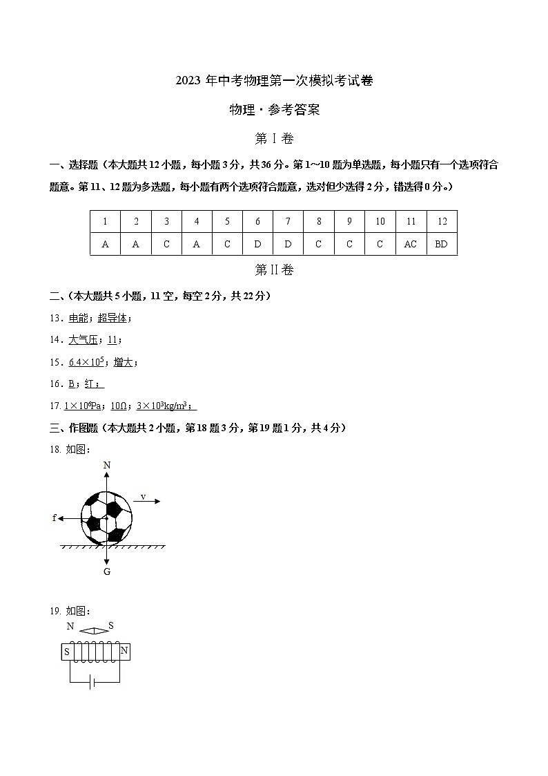 2023年中考第一次模拟考试卷物理(长沙卷)(参考答案)第1页