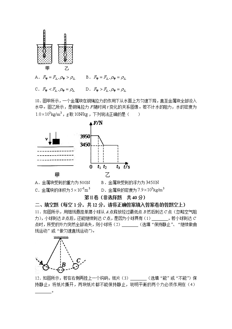 山东省济宁市金乡县2022-2023学年八年级下学期期中物理试题第3页