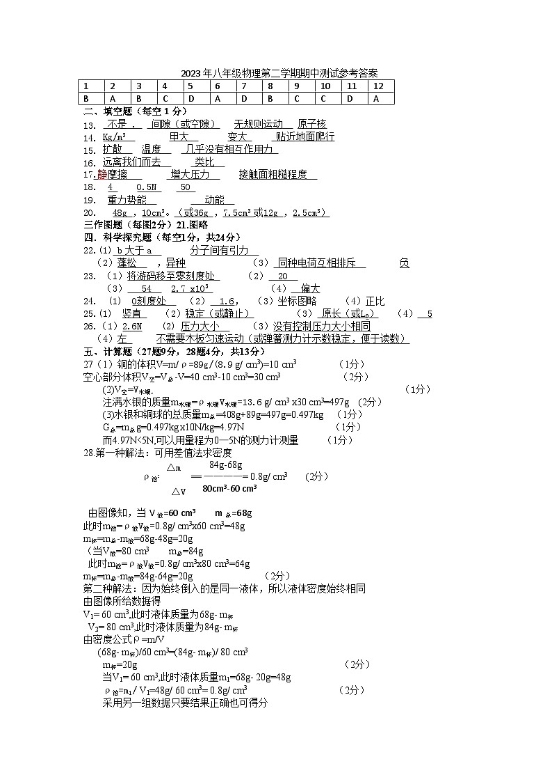 八下物理期中参考答案第1页