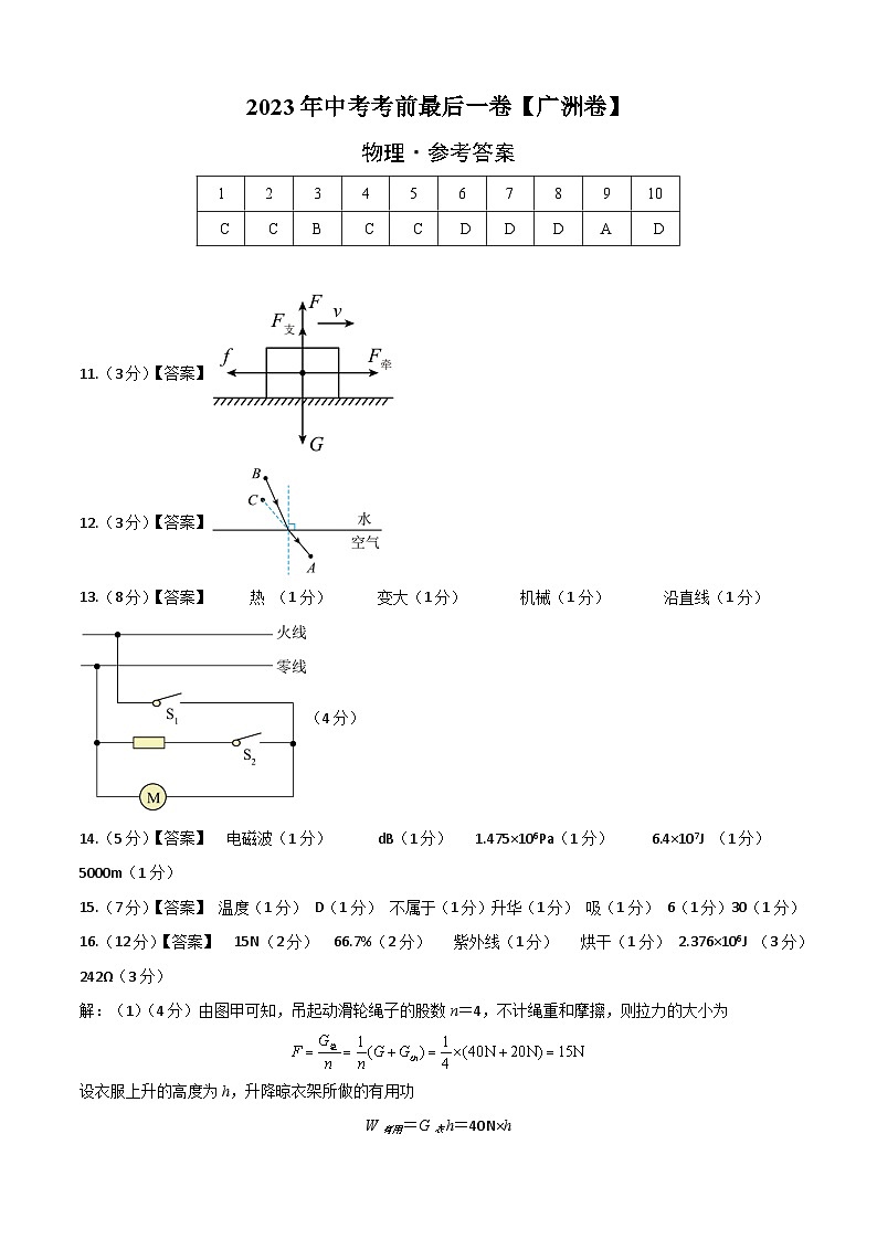 物理(广州卷)-【试题猜想】2023年中考考前最后一卷(参考答案)第1页