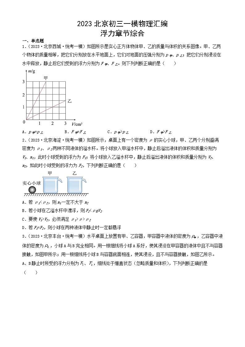 2023年北京初三一模物理分类汇编:浮力章节综合第1页