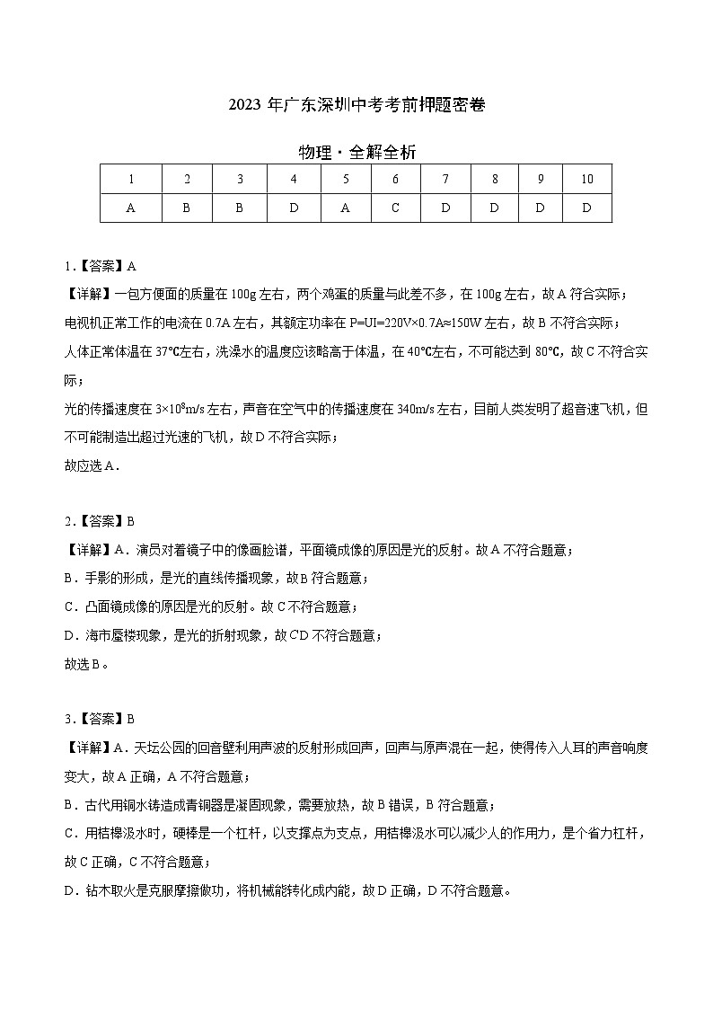 物理(广东深圳卷)(全解全析)第1页