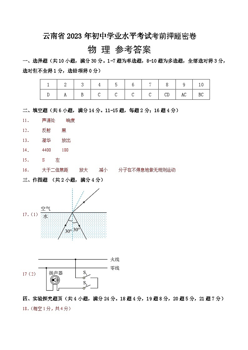 物理(云南卷)(参考答案)(需要分值)第1页