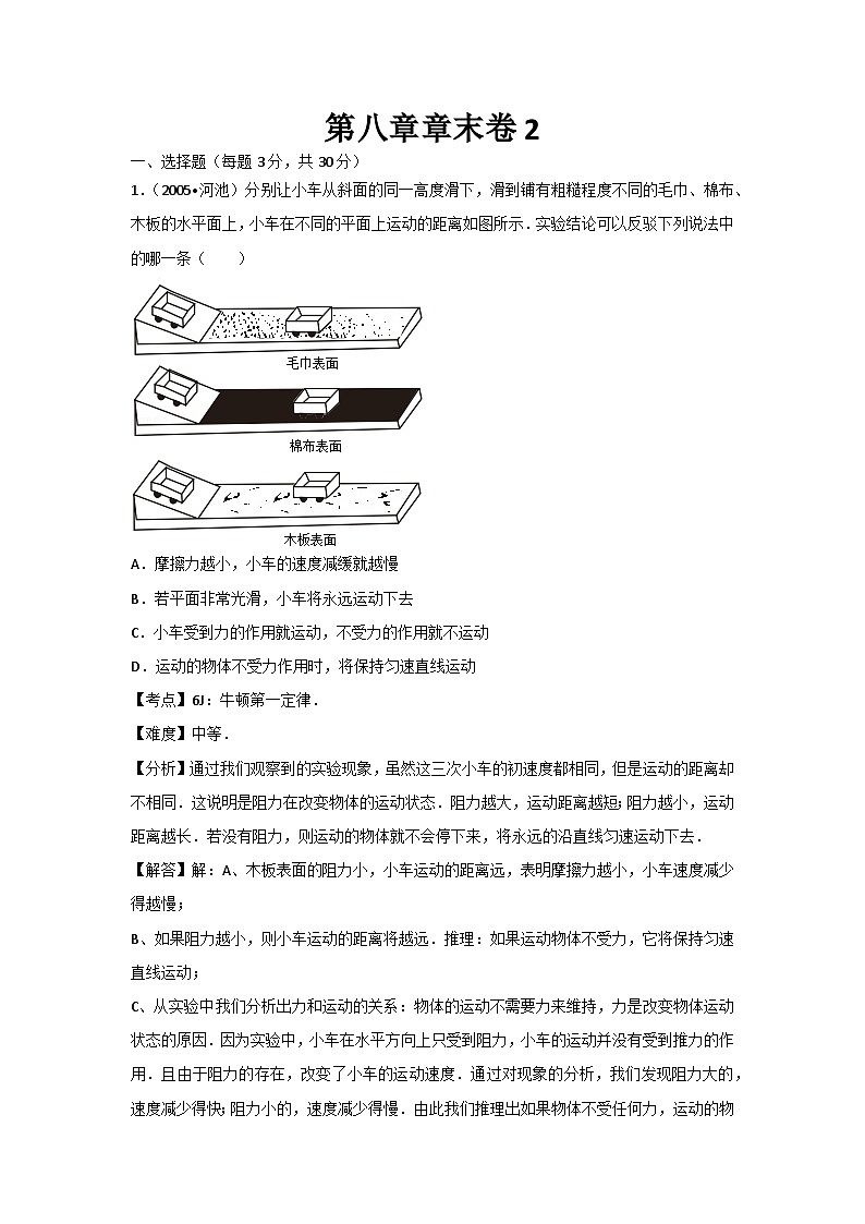 初中物理人教八年級(jí)下單元測試卷-第八章章末卷2第1頁