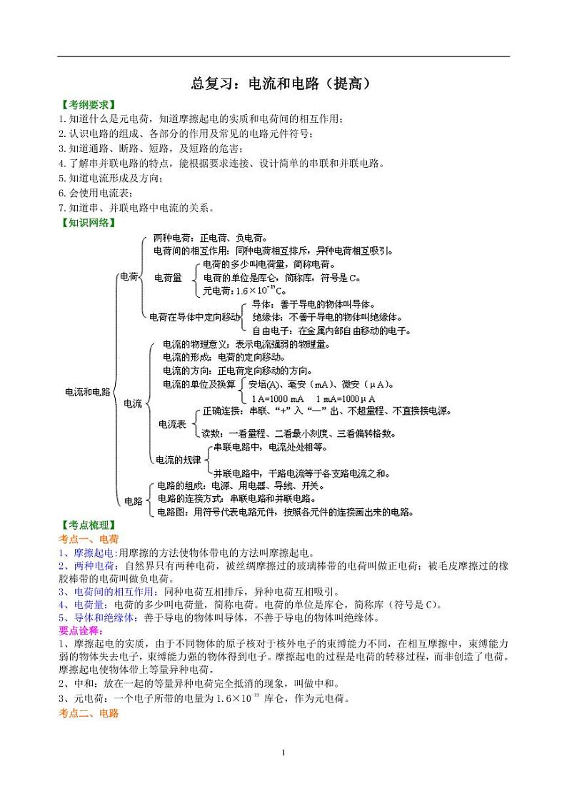 中考物理总复习:电流和电路(提高)知识讲解第1页