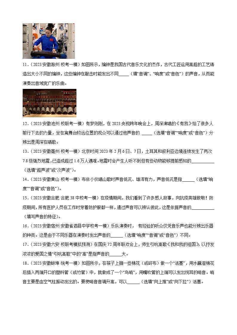 2023年安徽省各地九年级物理中考一轮模拟试题分类选编:声现象第3页