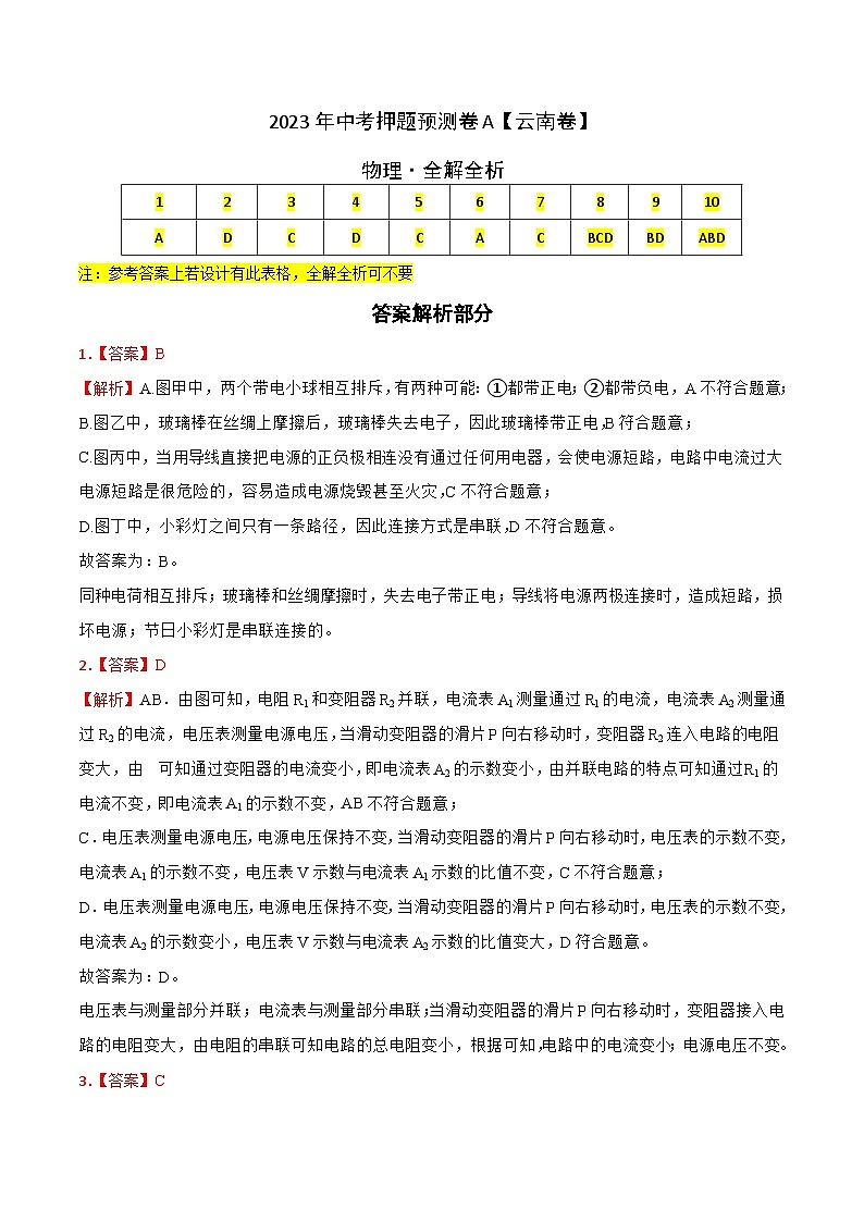 2023年中考物理押題卷01(云南卷)(全解全析)第1頁