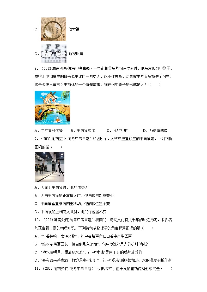 湖南省各地市2022年中考物理真题分项汇编-21光学(选择题)03