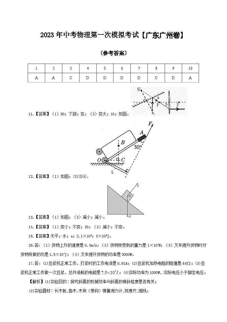 (廣東廣州卷)2023年中考物理第一次模擬考試(參考答案)第1頁