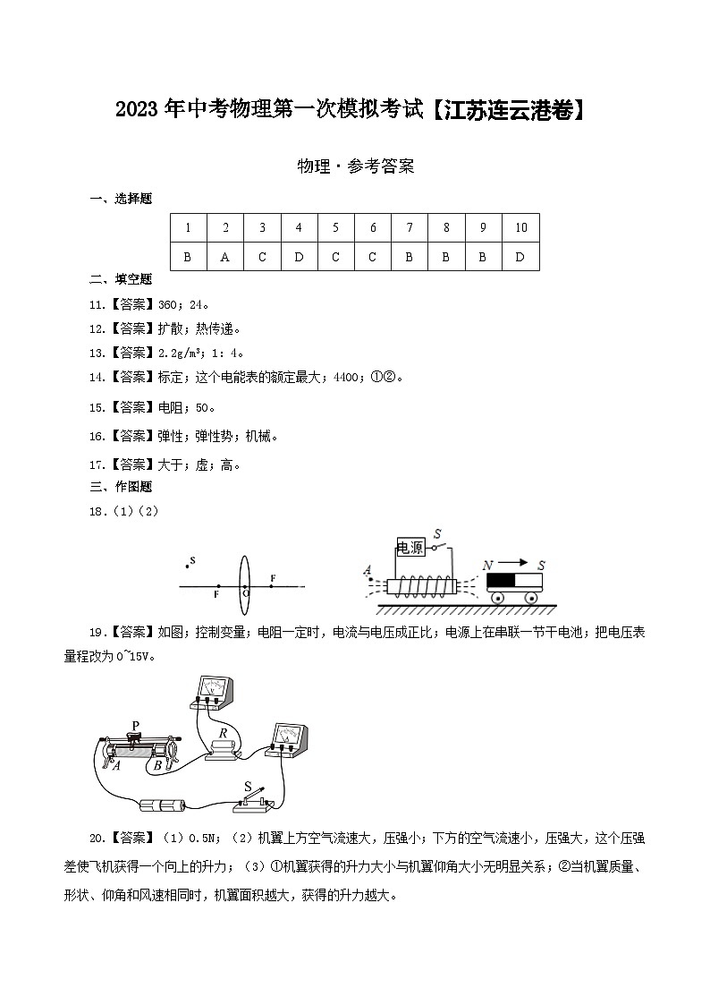 (江蘇連云港卷)2023年中考物理第一次模擬考試(參考答案)第1頁