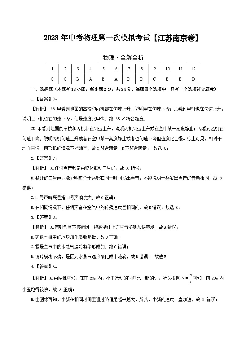 （江蘇南京卷）2023年中考物理第一次模擬考試（全解全析）第1頁