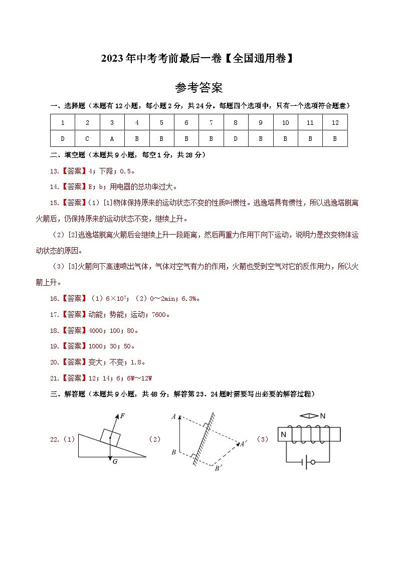 物理(全国通用卷)2023年中考考前最后一卷(参考答案)第1页