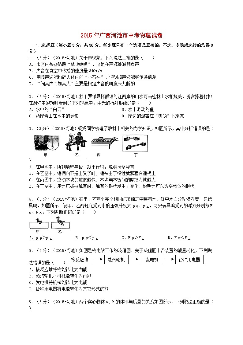 广西河池市2015年中考物理真题试题(含解析)01