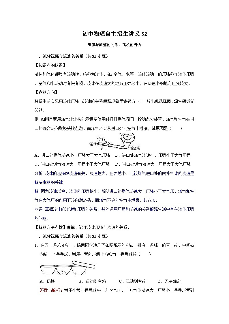 初中物理自主招生讲义32压强与流速的关系、飞机的升力(含详解)01