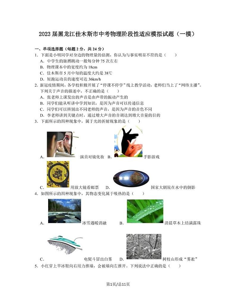 2023届黑龙江佳木斯市中考物理阶段性适应模拟试题(一模)无答案01