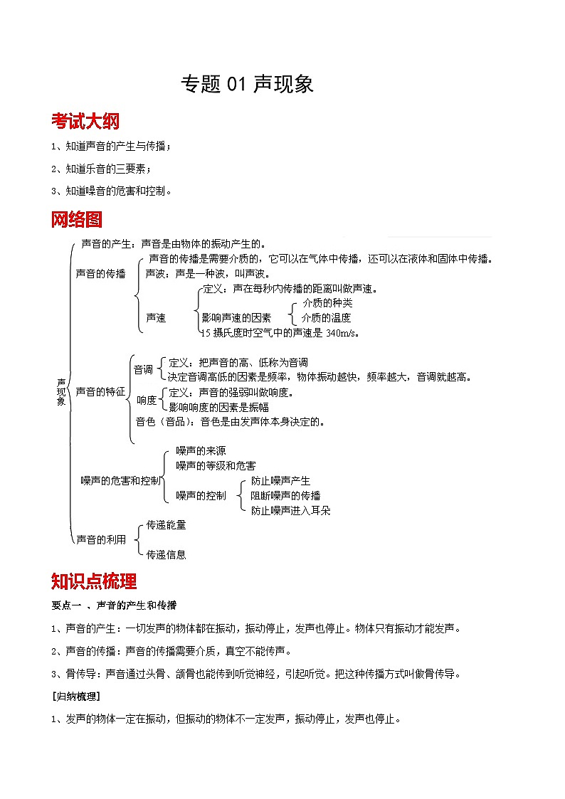 专题01 声现象 备战中考物理一轮复习知识点+练习(含答案解析)第1页