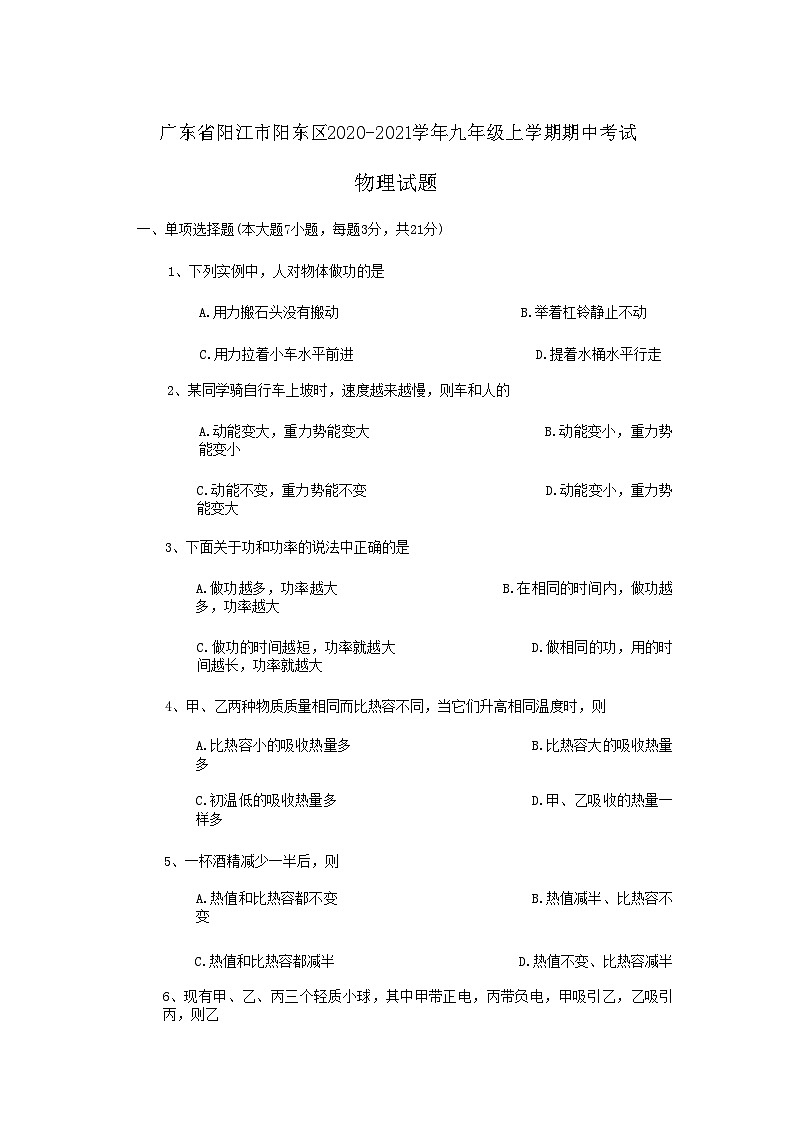 广东省阳江市阳东区2020-2021学年九年级上学期期中考试物理试题01