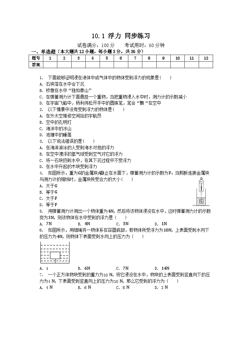 10.1 浮力 同步练习 八年级下册物理人教版第1页