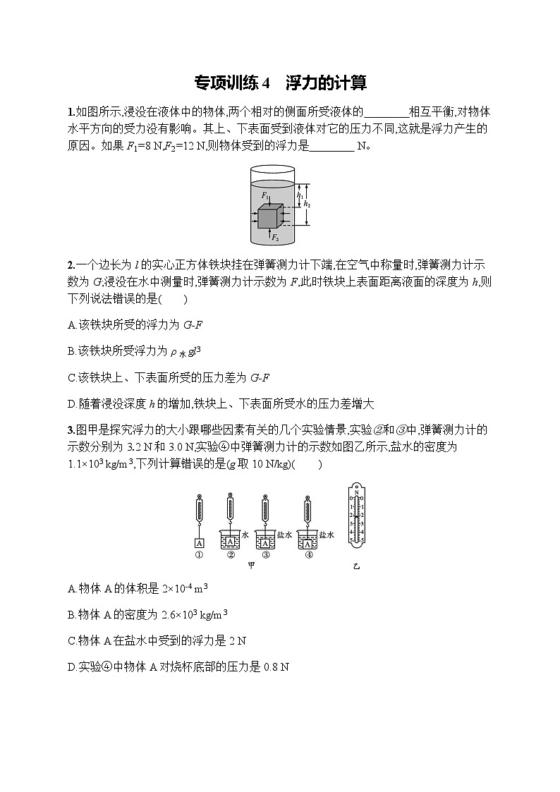 人教版初中物理八年级下册专项训练4浮力的计算练习含答案第1页
