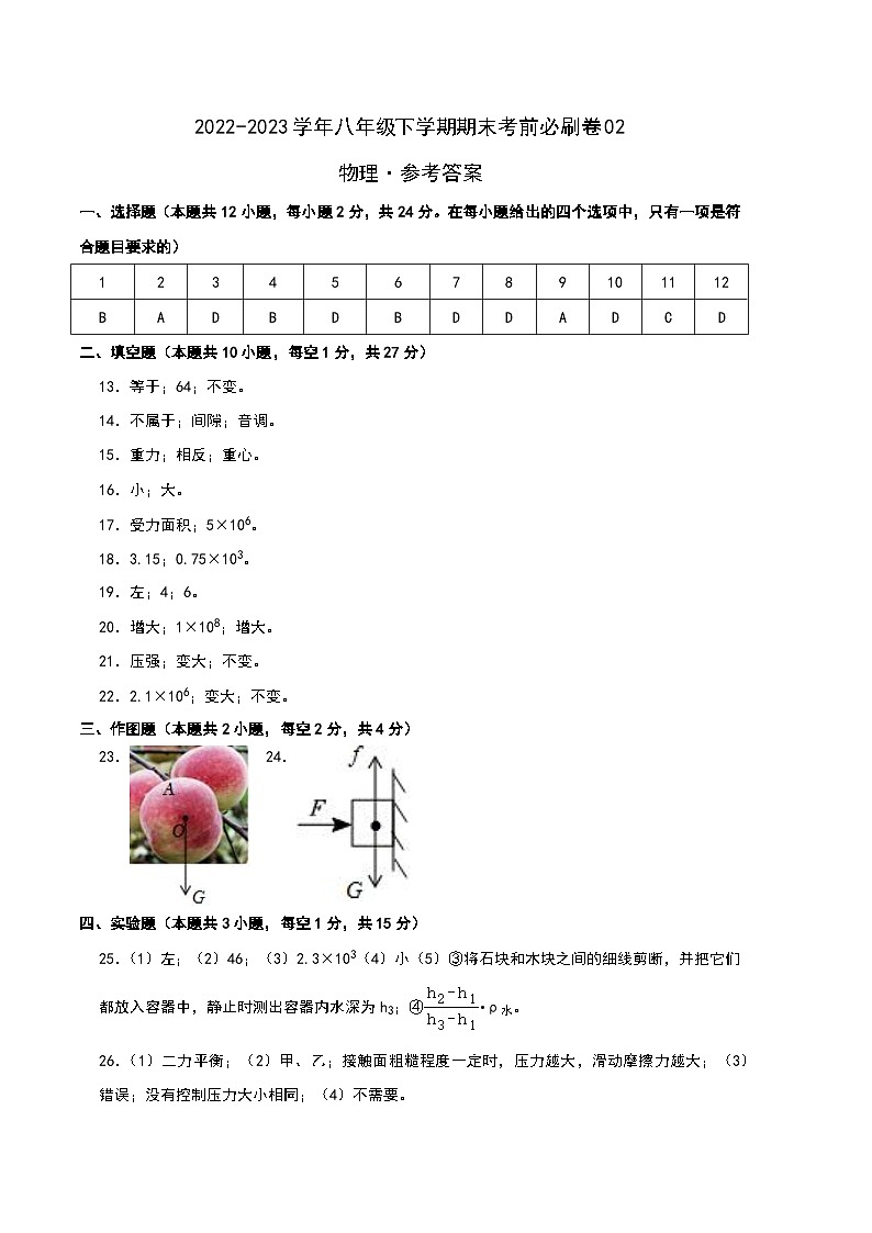 物理02卷(苏科版八年级下学)2022-2023学年八年级下学期期末模拟卷(参考答案)第1页