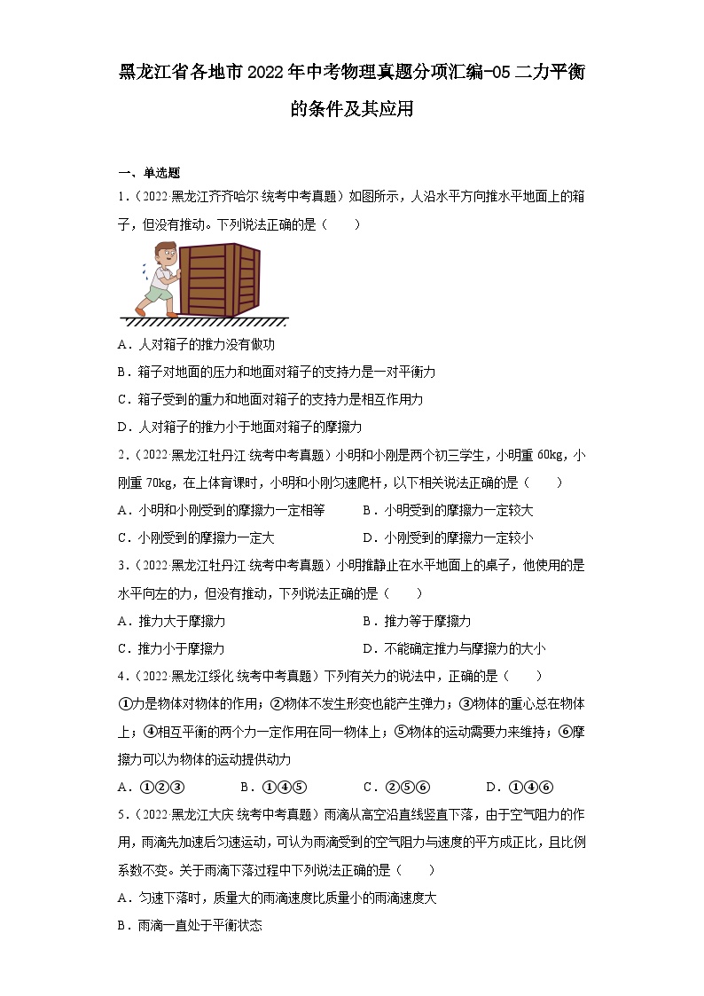 黑龙江省各地市2022年中考物理真题分项汇编-05二力平衡的条件及其应用