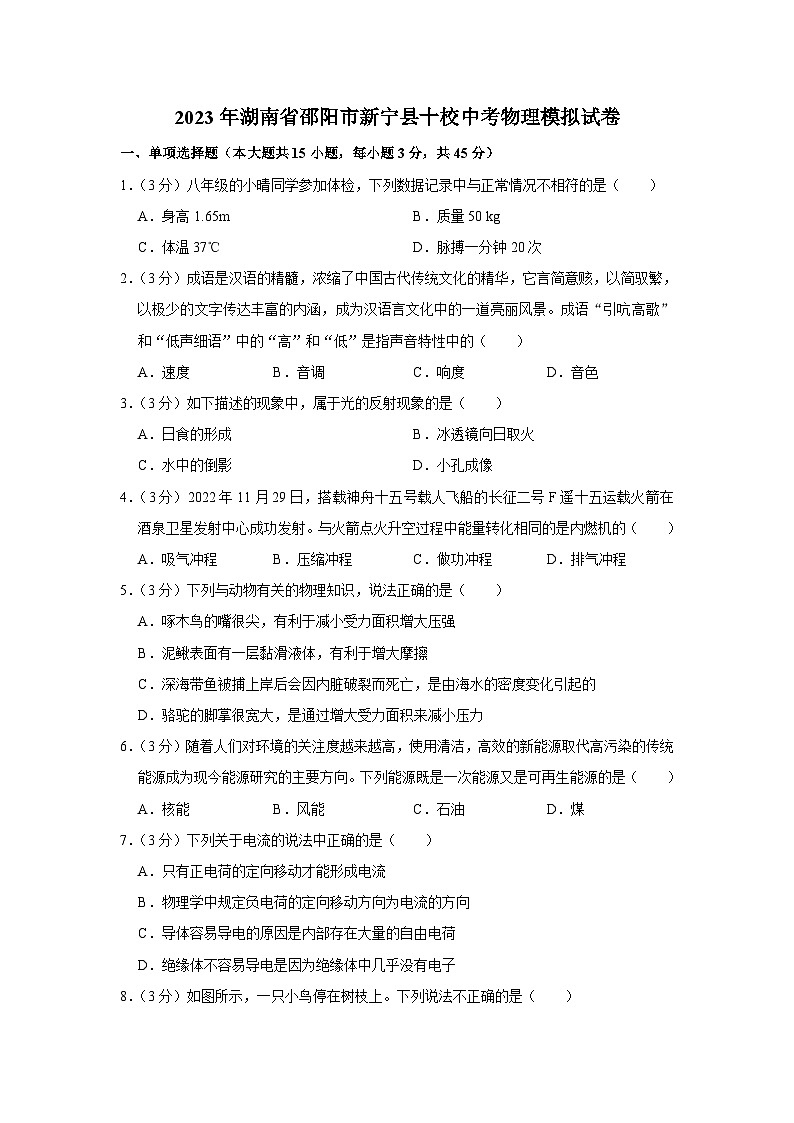 2023年湖南省邵阳市新宁县十校中考物理模拟试卷(含答案)第1页