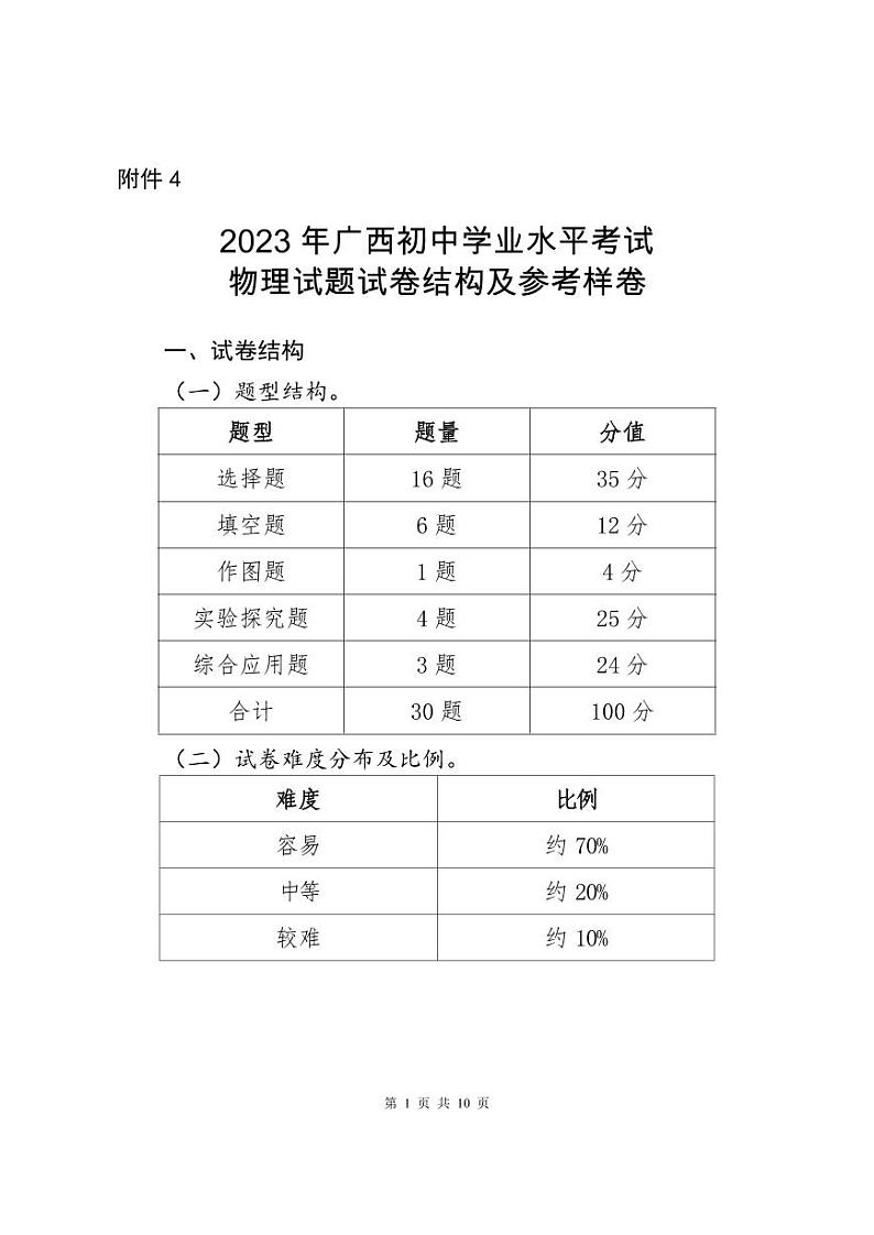 4.2023年广西初中学业水平考试物理试题试卷结构及参考样卷第1页