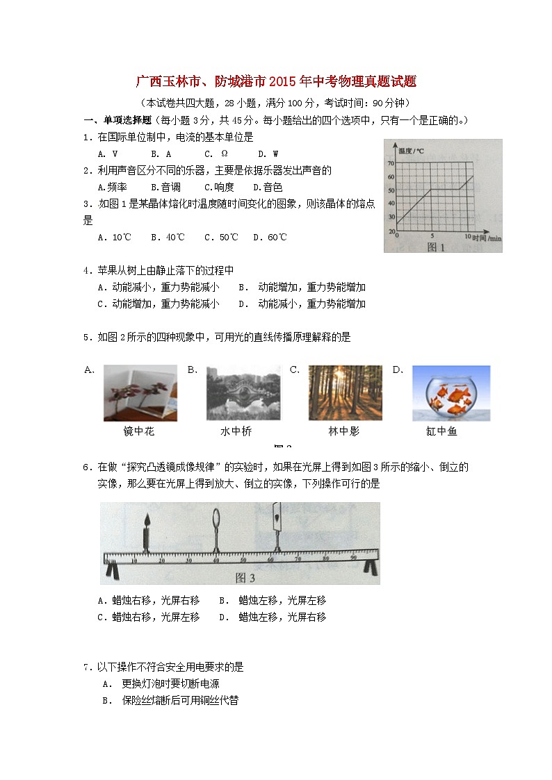 广西玉林市、防城港市2015年中考物理真题试题(含解析)01