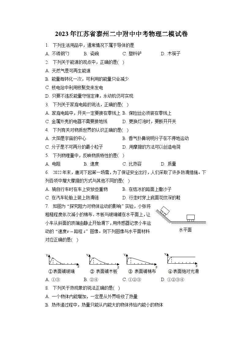 2023年江苏省泰州市第二中学附属初中中考物理二模试卷01