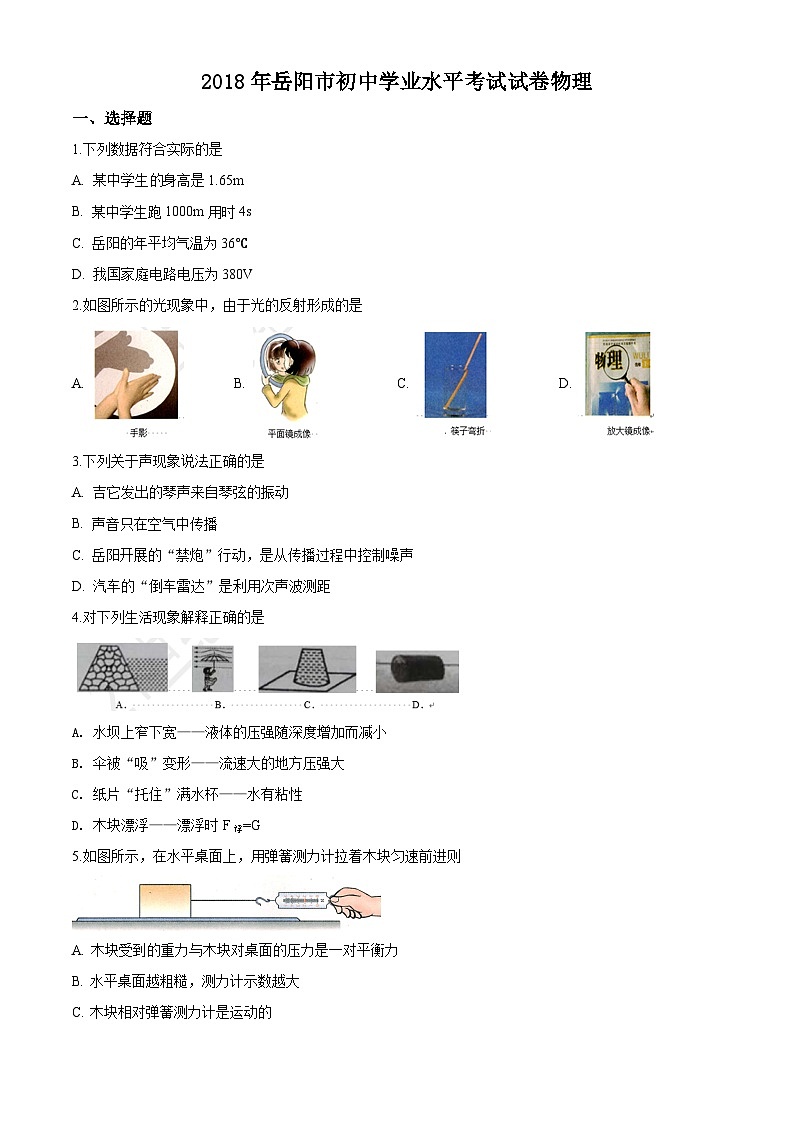 2018年湖南省岳阳市中考物理试卷(Word版,含解析)第1页