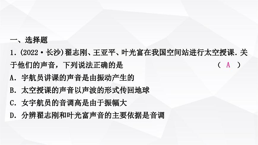 人教版中考物理復(fù)習(xí)第1講聲現(xiàn)象作業(yè)課件第2頁