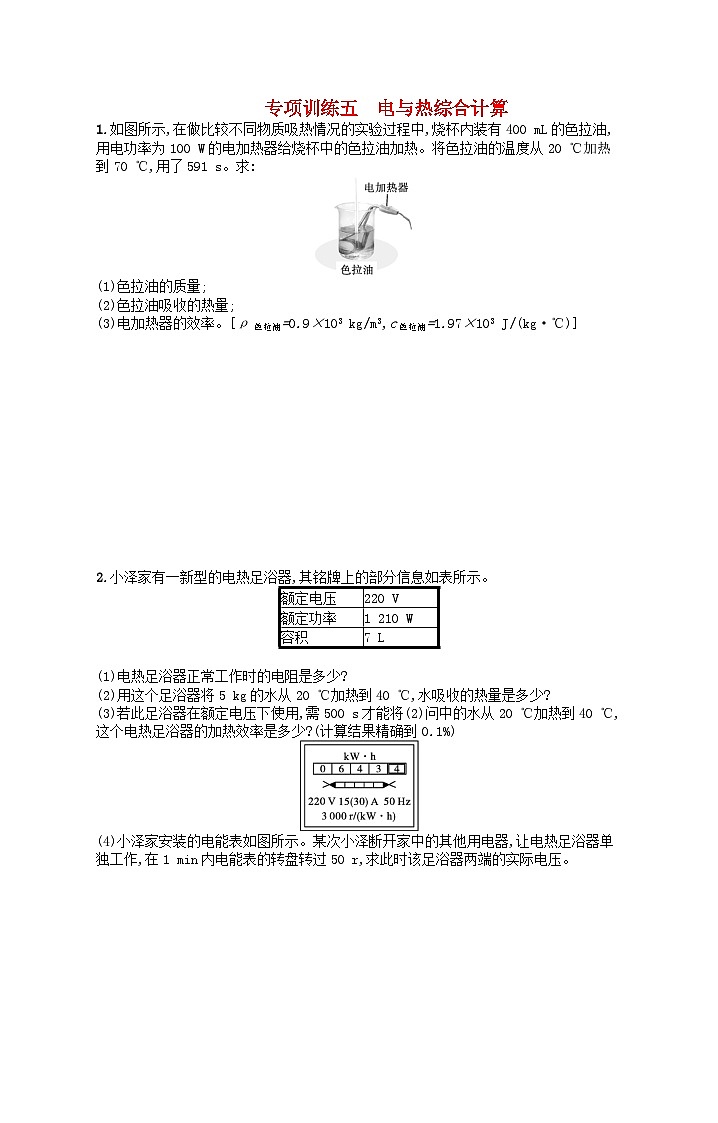 2022九年级物理全册专项训练5电与热综合计算新版新人教版01