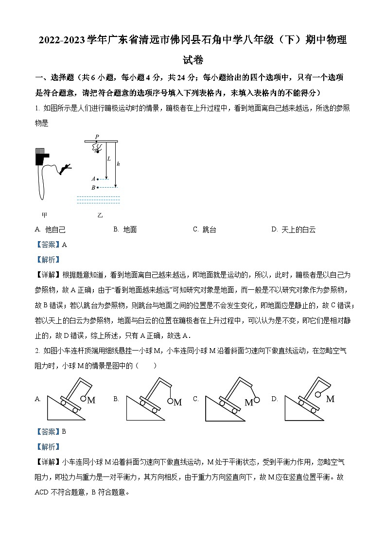 精品解析:广东省清远市佛冈县石角中学2022-2023学年八年级下学期期中物理试卷(解析版)01