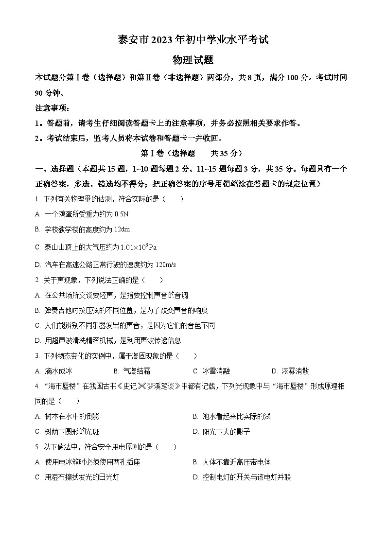 2023年山东省泰安市中考物理试题及答案解析01