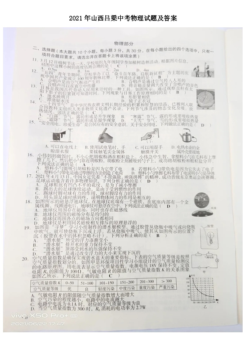 _2021年山西呂梁中考物理試題及答案第1頁(yè)