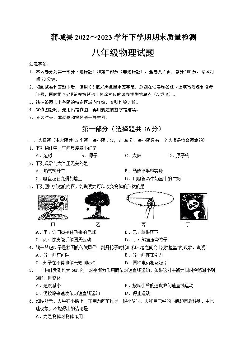 陕西省渭南市蒲城县2022-2023学年下学期八年级期末物理试卷(含答案)第1页