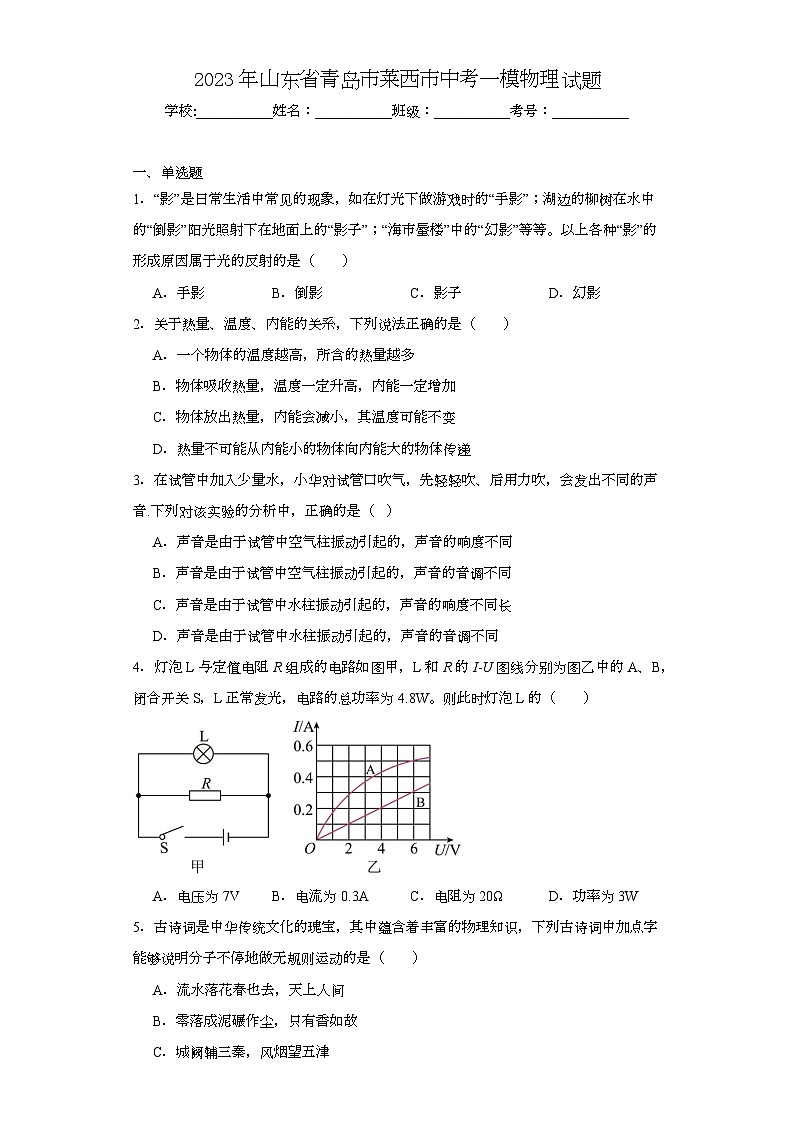 2023年山东省青岛市莱西市中考一模物理试题(含解析)01