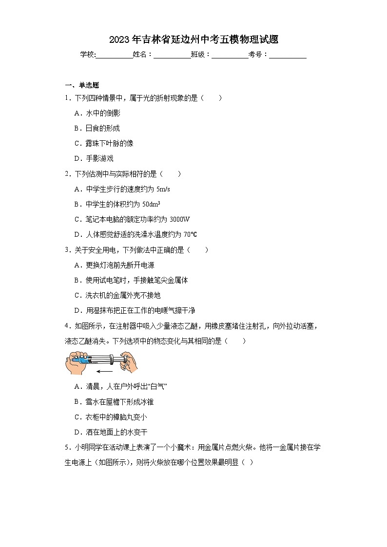 2023年吉林省延边州中考五模物理试题(含解析)第1页