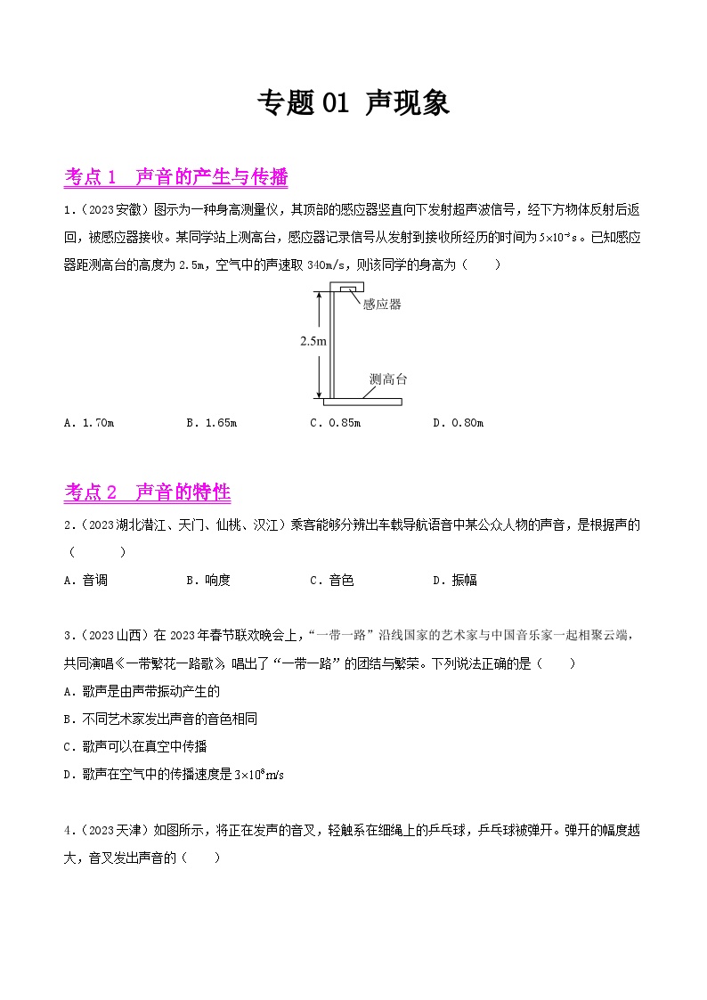 2023年中考物理真题分类汇编——专题01 声现象（全国通用）