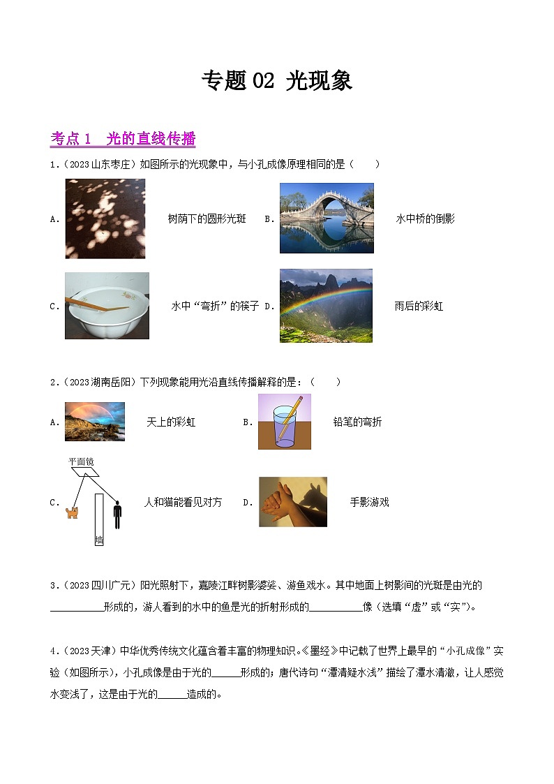 专题02 光现象(全国通用)(原卷版)第1页