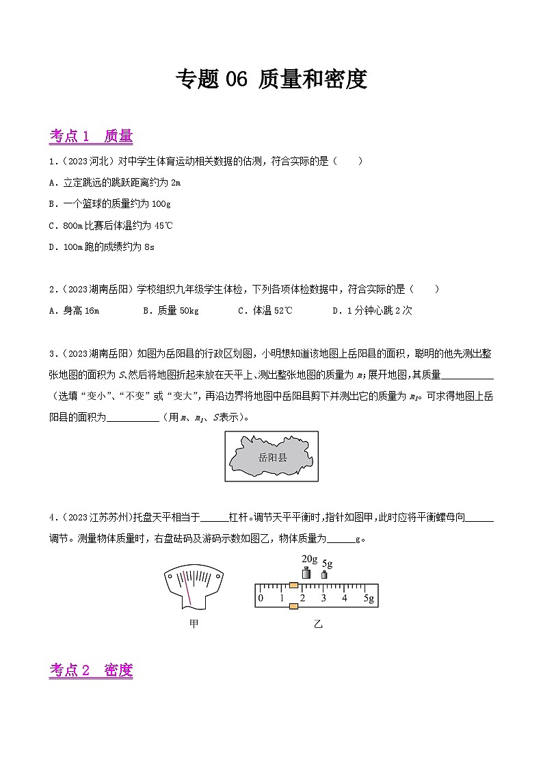 专题06 质量和密度(全国通用)(原卷版)第1页