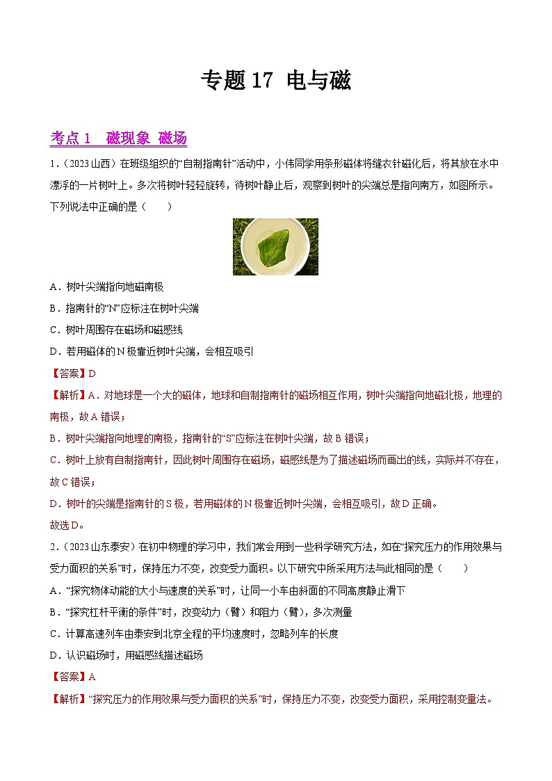 專題17 電與磁（全國(guó)通用）（解析版）第1頁(yè)