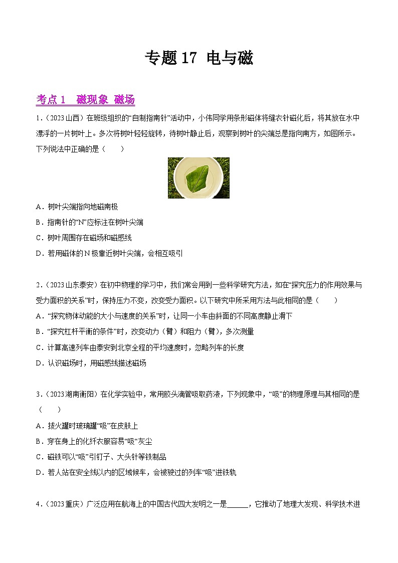 專題17 電與磁（全國(guó)通用）（原卷版）第1頁(yè)