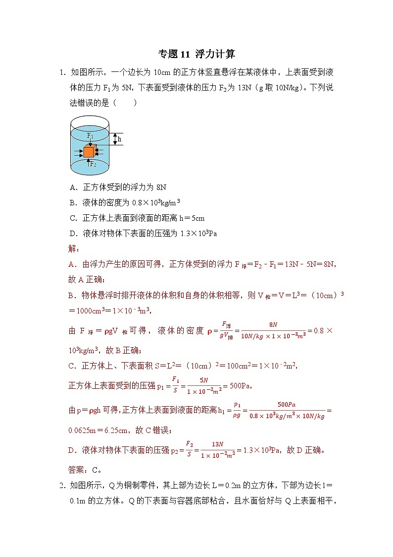 八年级物理暑期专题11 浮力计算(原卷版+解析版)-2022-2023学年八年级物理下册学优生期末复习难点题型专项突破(人教版)01