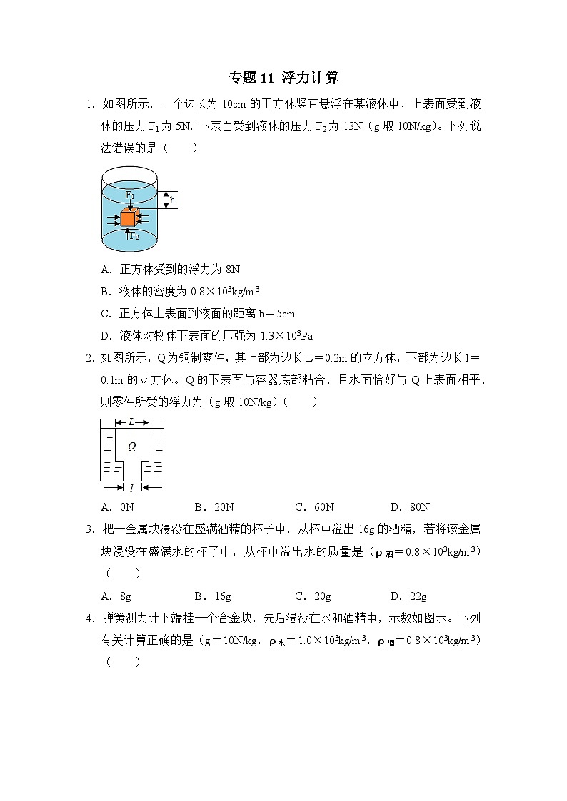 八年级物理暑期专题11 浮力计算(原卷版+解析版)-2022-2023学年八年级物理下册学优生期末复习难点题型专项突破(人教版)01