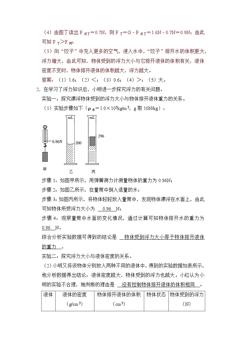 八年级物理暑期专题13 浮力相关实验(原卷版+解析版)-2022-2023学年八年级物理下册学优生期末复习难点题型专项突破(人教版)02