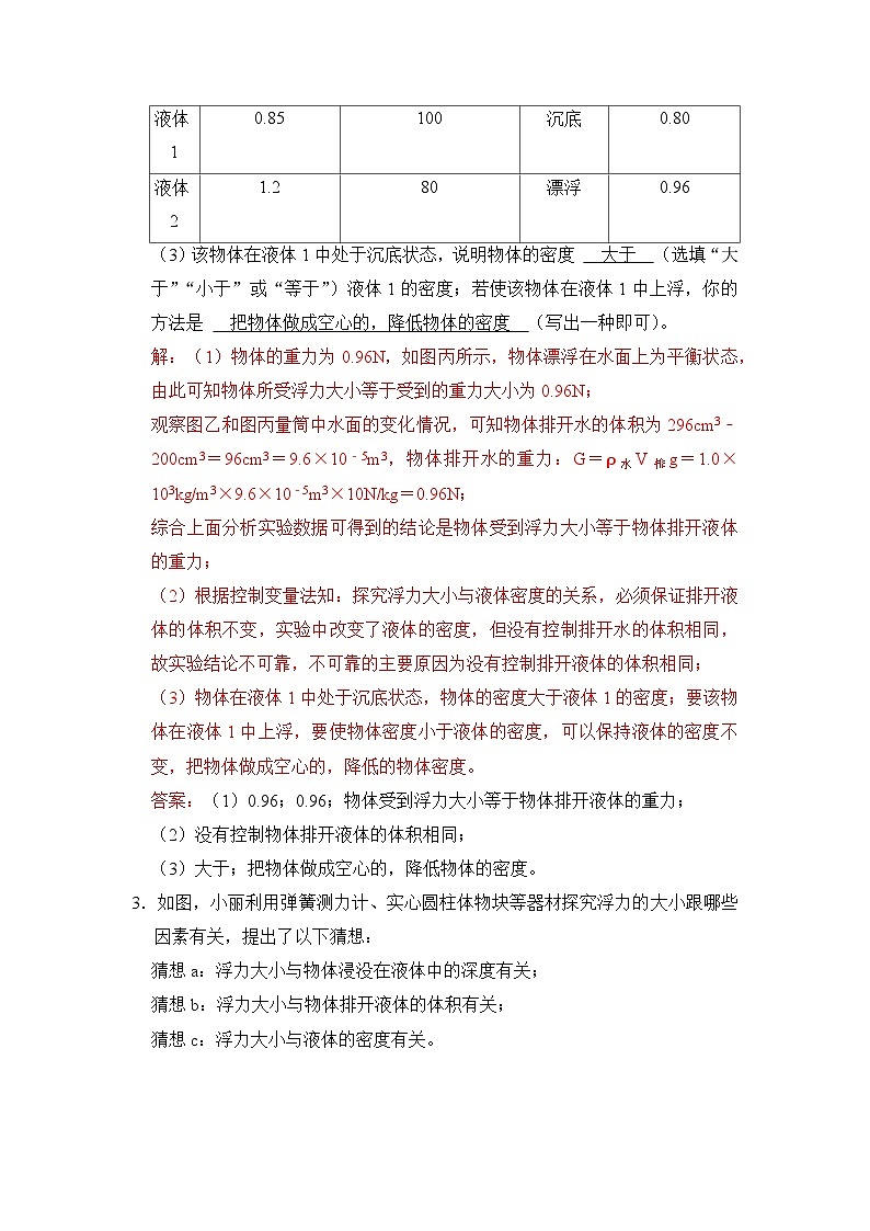 八年级物理暑期专题13 浮力相关实验(原卷版+解析版)-2022-2023学年八年级物理下册学优生期末复习难点题型专项突破(人教版)03